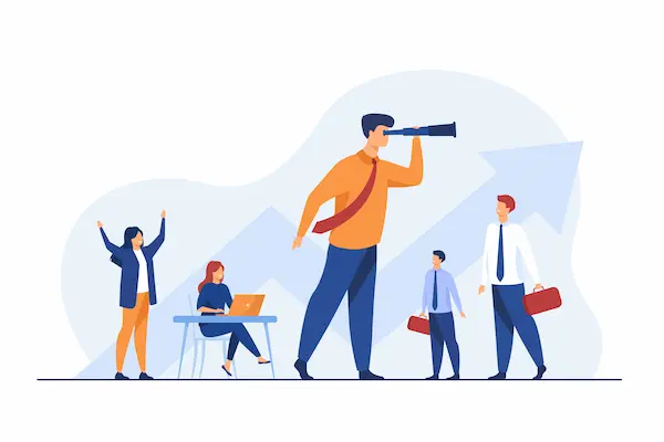 Person with telescope leading others, including a seated woman on laptop and two men with briefcases, arrow growth graphic