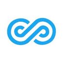 Blue infinity loop symbol with a swirl on the left side on white background.