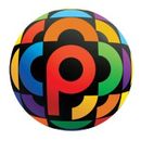 Multicolored globe with stylized letters forming a pattern.