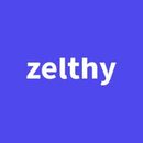 White text reading 'zelthy' on a solid blue background.