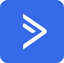 White angular greater-than symbol on a blue square background.