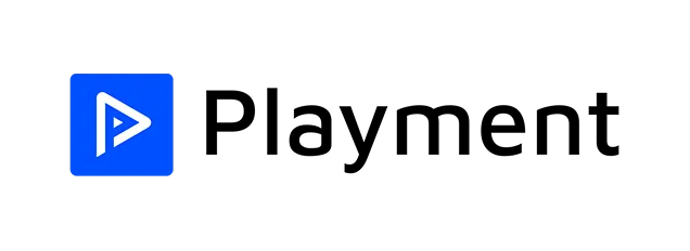 Play button icon inside a blue square on a black background.