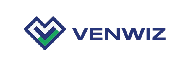 VENWIZ brand logo with stylized V shape in blue, white, and green colors.