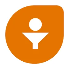White abstract human figure inside an orange teardrop shape.