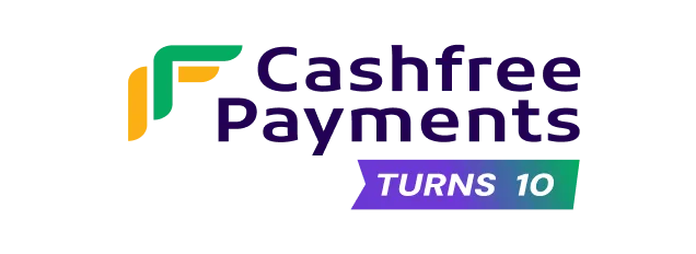 Cashfree Payments logo with a banner stating turns 10, celebrating their tenth anniversary.