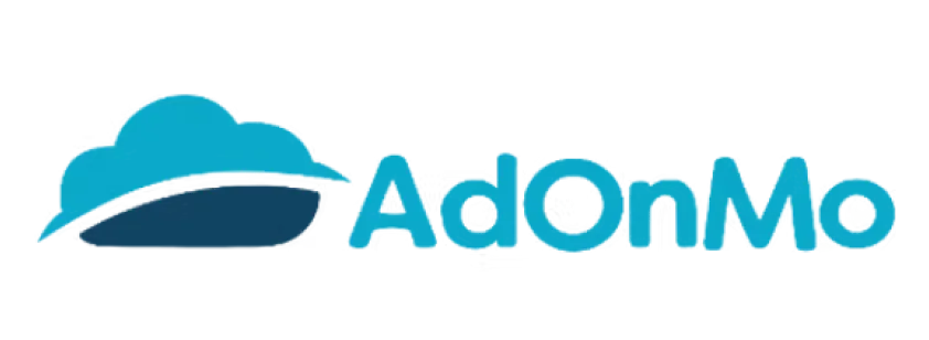 AdOnMo logo with stylized cloud shape on left and blue text on right.