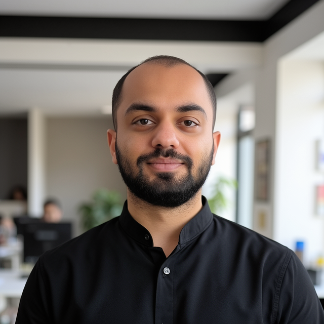 Smiling man with beard wearing a black shirt in a bright office setting.