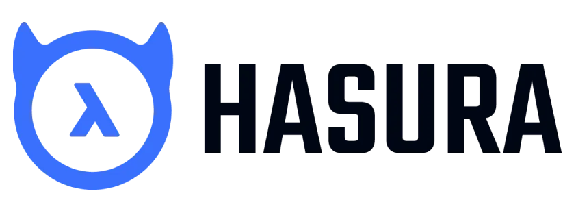 Hasura logo with a blue circle featuring a lambda symbol and devil horns next to the text 'HASURA'.