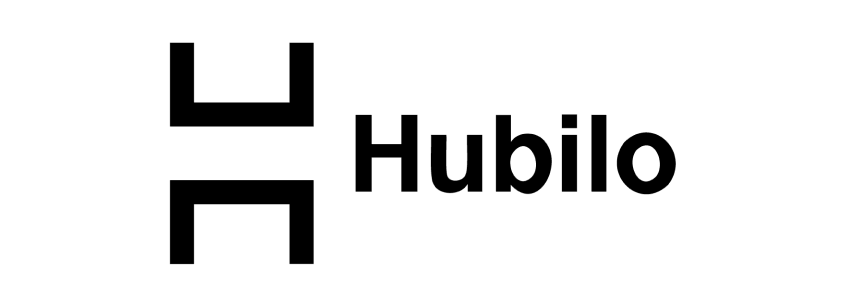 Hubilo wordmark logo in white with a dot above the letter i on a black background.