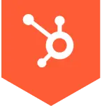 White HubSpot logo on an orange shield-shaped background.