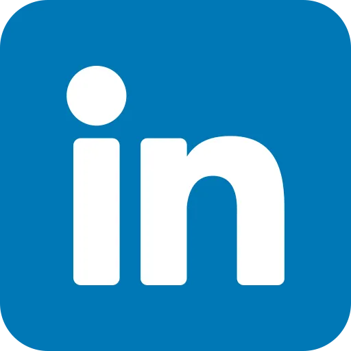 LinkedIn social media icon with white lowercase 'in' on blue background.