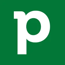 White lowercase letter p on a green square background.