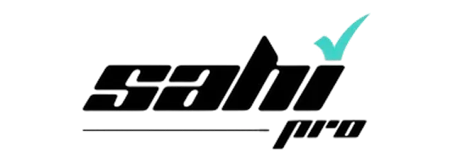 Logo with stylized text 'sahi pro' and a blue check mark above the letter i.
