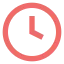 Red clock icon with hour and minute hands inside a circular border.